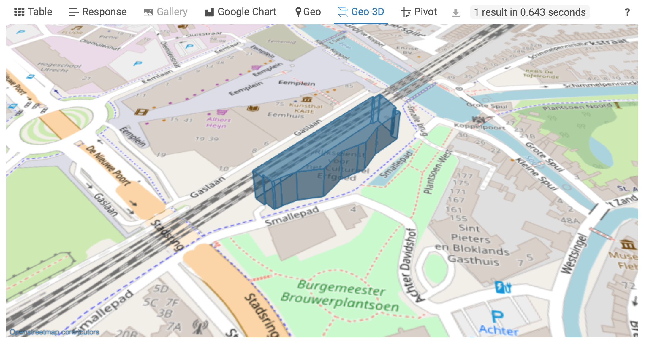 Screenshot van 3D-gebouw op een platte, perspectivische kaart.